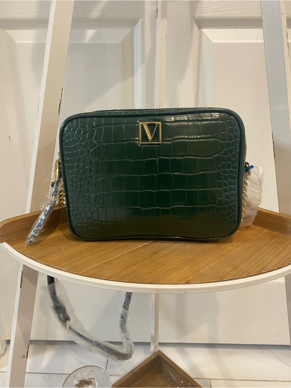 Victoria's Secret Dark Green Croc-Embossed Crossbody with Gold V Accent